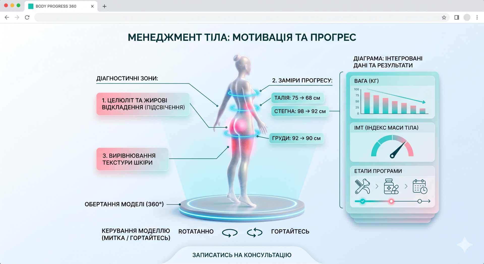 3D 360° менеджмент тіла — діагностика, заміри прогресу, інтегровані дані